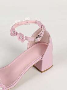 Women's Plus Size Wide Toe Box 3D Floral Pearl Decor Solid Color Open Toe Double Ankle Strap Tie-Up Chunky Square Heel Sandals, Fresh Sweet Style, Summer Date Light Blue - Baby Pink - View 8
