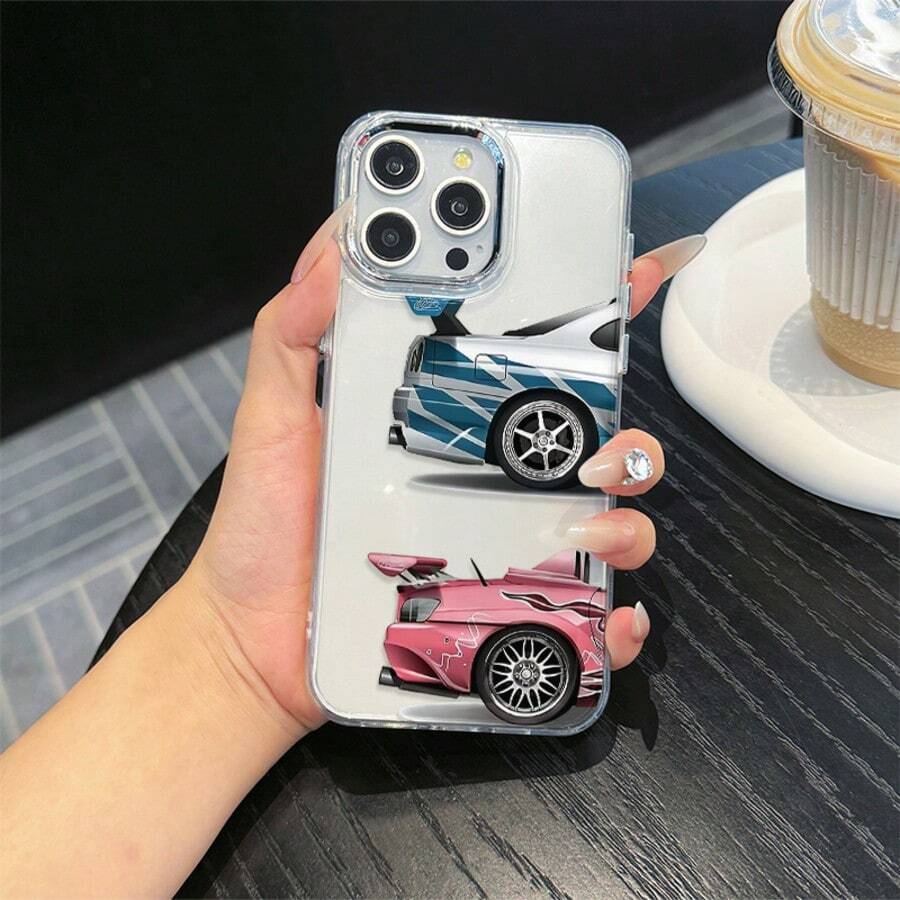 1件裝 賽車圖案黑銀配色手機殼,適用於 Apple 手機 - 彩色 - 查看 1