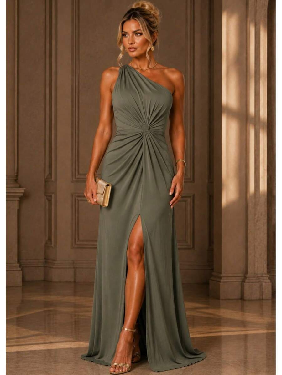 Bridesmaid Dress Guests Promotion Knot Olive Green Fuchsia Black Lilac Terracotta Emerald Royal Red Marsala Navy Without Shine - 橄欖綠 - 查看 1