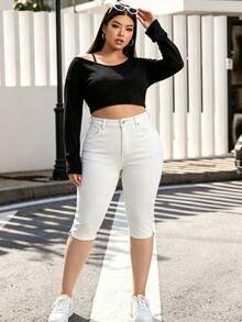 Women's High Waist White Denim Capri Pants | Stretchy Knee-Length Slim Fit Jeans | Casual Summer Bottoms With Button Hem Design - White - View 8