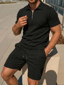 DAZY Men's 2-Piece Set, Classic Zip Lapel Short Sleeve Polo Shirt Made Of Waffle Fabric + Shorts - Black - View 6