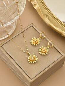 1pc Fashionable Colorful Rhinestone Camellia Stainless Steel Women's Necklace, 1 Pair Fashionable Colorful Rhinestone Camellia Stainless Steel Women's Earrings, Gold Necklace, Gold Earrings, Stainless Steel Jewelry, Gold Jewelry, Summer, Beach, Vacation Jewelry, Bohemian, Charming, Proud, Western Jewelry, Gift For Women, Gift, Birthday Gift - Yellow Gold - View 1