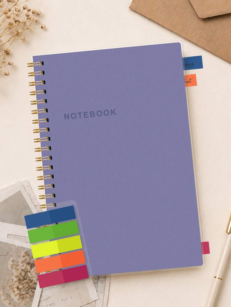 Trees 1 pieza Cuaderno A5 con espiral y líneas, pestañas de índice codificadas por colores, cubierta protectora y páginas de escritura suave para trabajo, estudio, notas de reuniones, listas y planes diarios, útiles escolares, accesorios de escritorio de oficina, accesorios para maestros, artículos imprescindibles para el aula - Morado fuerza - Ver 1