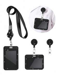 Shiny ID Card Holder With Lanyard, ID Card Storage Box, Anti-Loss Lanyard, Student ID Card Holder, Self-Service Restaurant Card Holder, Slide Cover, Dual Card Slot, Small Card Slot, Bus Card Holder, Non-Contact, Bank Card Holder, Subway Card Storage, Adjustable Portable ID Card Holder Decorative Keychain, Suitable For Office Workers And Students, Perfect Gift, Back To School Gift, Couple Card Holder, Bank Card Holder, Travel Essential, Back To School, Commuting, Business Trip, Vacation - Multicolor - View 6