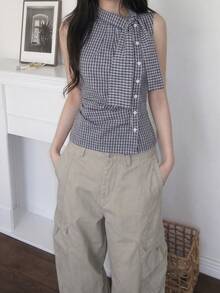 Korean Style Retro Plaid Bow Tie Cinched Waist Pleated Design Sleeveless Tank Top Casual Summer - Blue - View 8