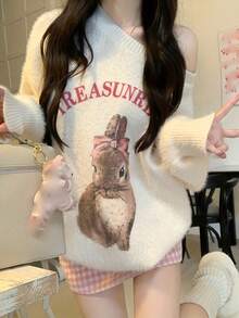 女款字母兔子圖案落肩長袖寬鬆休閒毛衣 - 杏色 - 查看 3