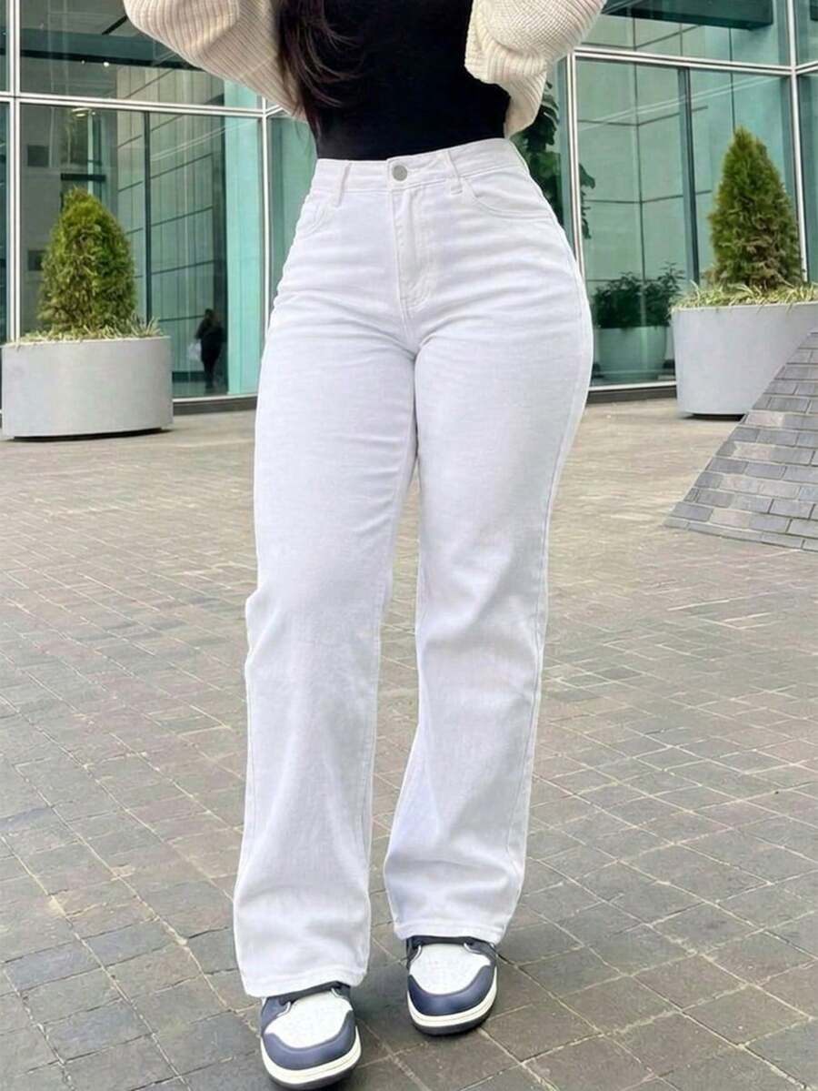 女款休閒直筒牛仔褲,附口袋與鈕扣,適合日常穿著 - 白色 - 查看 1