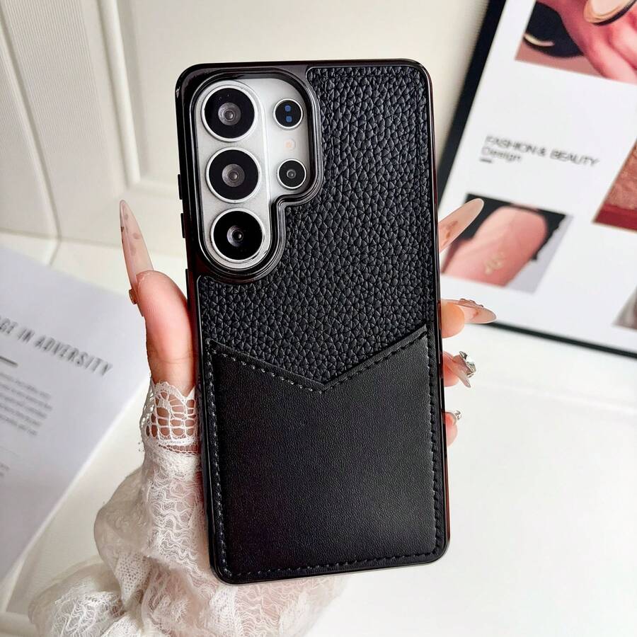 Portacarte V-Card con grandi fori placcato elettroliticamente compatibile con Samsung S26 Ultra, custodia per telefono a contrasto di colore S25 Ultra con texture in pelle e protezione anti-caduta - nero - Visualizzare 1