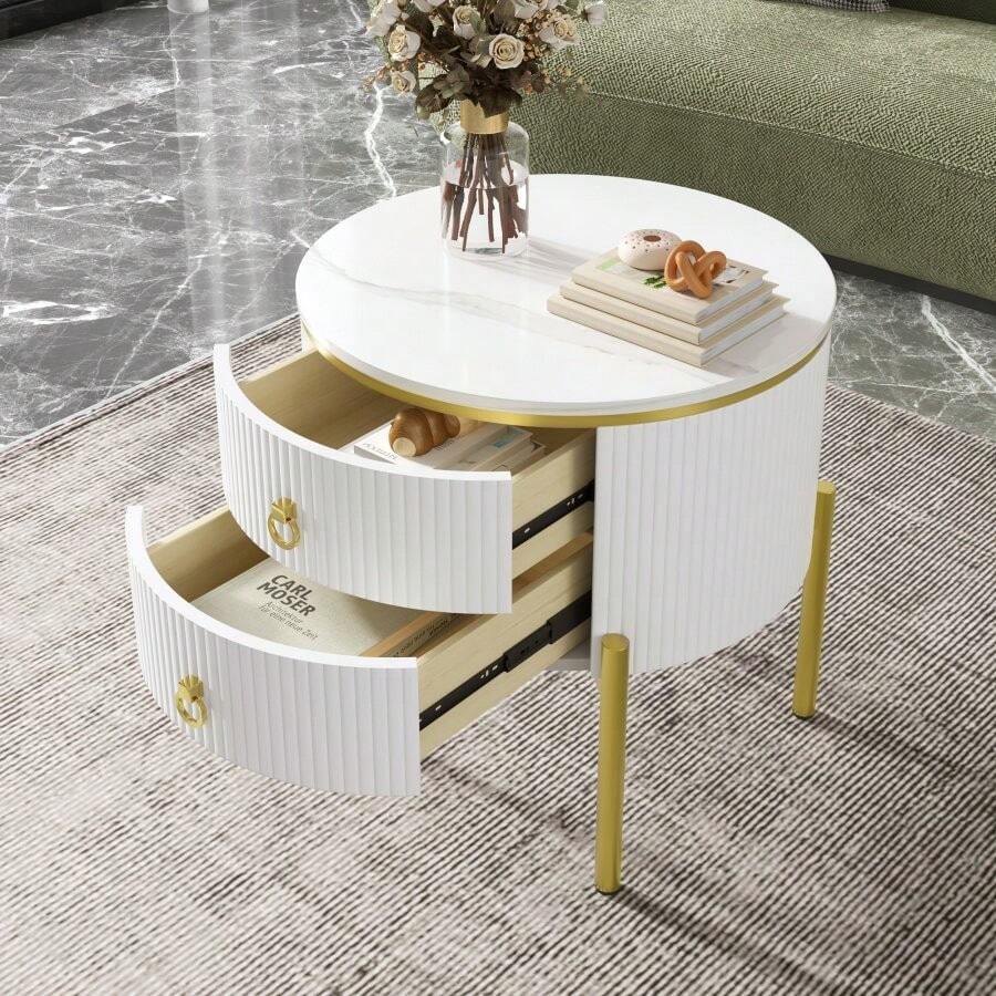 Side Table, Coffee Table With Drawers, Marble Texture, Gold Legs And Handles, Adjustable - White - View 1