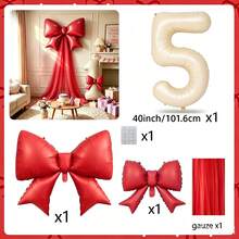 Red Bow Milk White Number Balloon 0-9, Red Chiffon Bow Balloon, Used For Bridal Shower, Anniversary, Birthday Decoration, Photo Props, Valentine's Day, Theme Party - Red Bow Cream Number Balloon - View 18