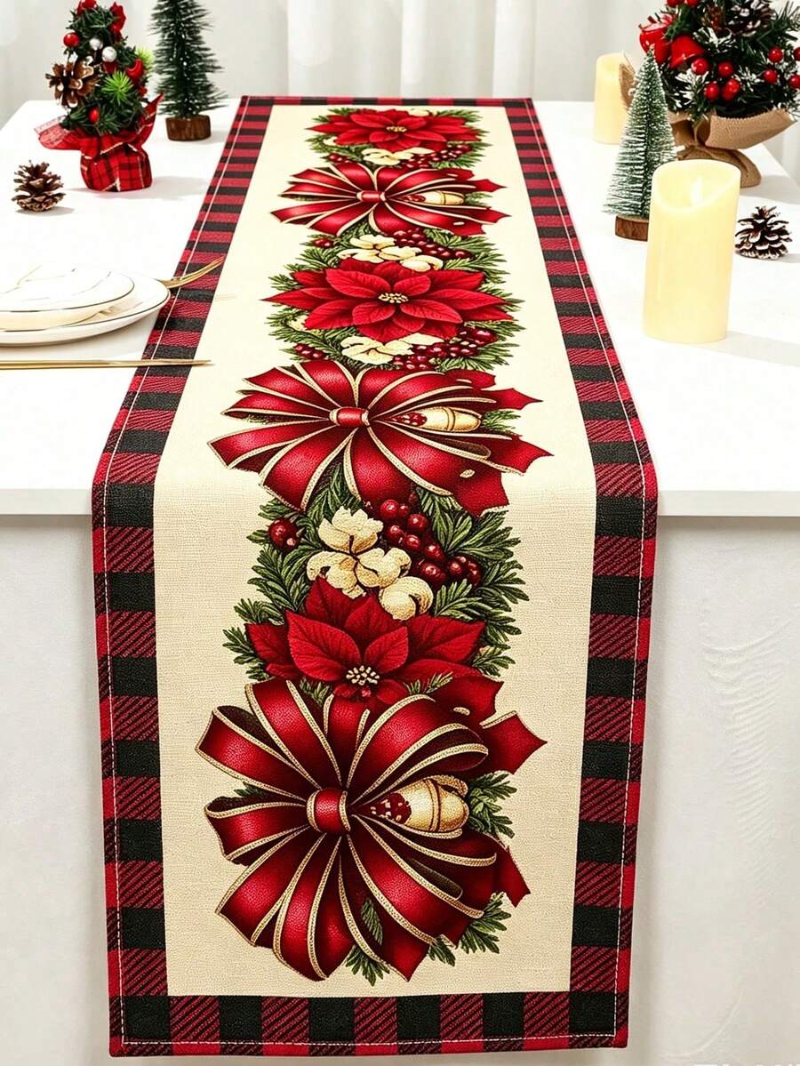 1件裝花藤聖誕桌旗，聖誕快樂桌布，一品紅花卉圖案，183*33cm亞麻桌巾，聖誕裝飾，聖誕裝飾品，聖誕前夕裝飾背景，聖誕居家裝飾，聖誕裝飾