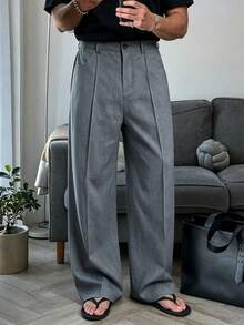 Men's Spring/Autumn Loose Wide Leg Casual Dress Pants, Straight Leg Trousers For Daily Commute, Minimalist Versatile Long Pants - Grey - View 3