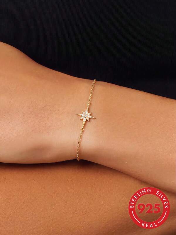 1pc S925 Sterling Silver Minimalist Elegant Design Micro-Inlaid Zirconia Eight-Pointed Star Bracelet, Women's European And American Style Niche Fashion Versatile Ins Style Artistic Cool High-End Adjustable Hand Jewelry, Exquisite Gift