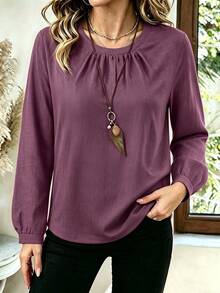 Kemeja Wanita Warna Burgundy, Kerah Bulat, Lengan Panjang, Detail Lipatan, Bahan Tenun, Cocok untuk Dipakai di Musim Gugur - Purple - View 6
