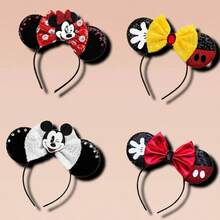 2pcs Disney Shiny Mickey Mouse Ear Headband With Storage Lanyard And White Sequin Bow - R - View 1
