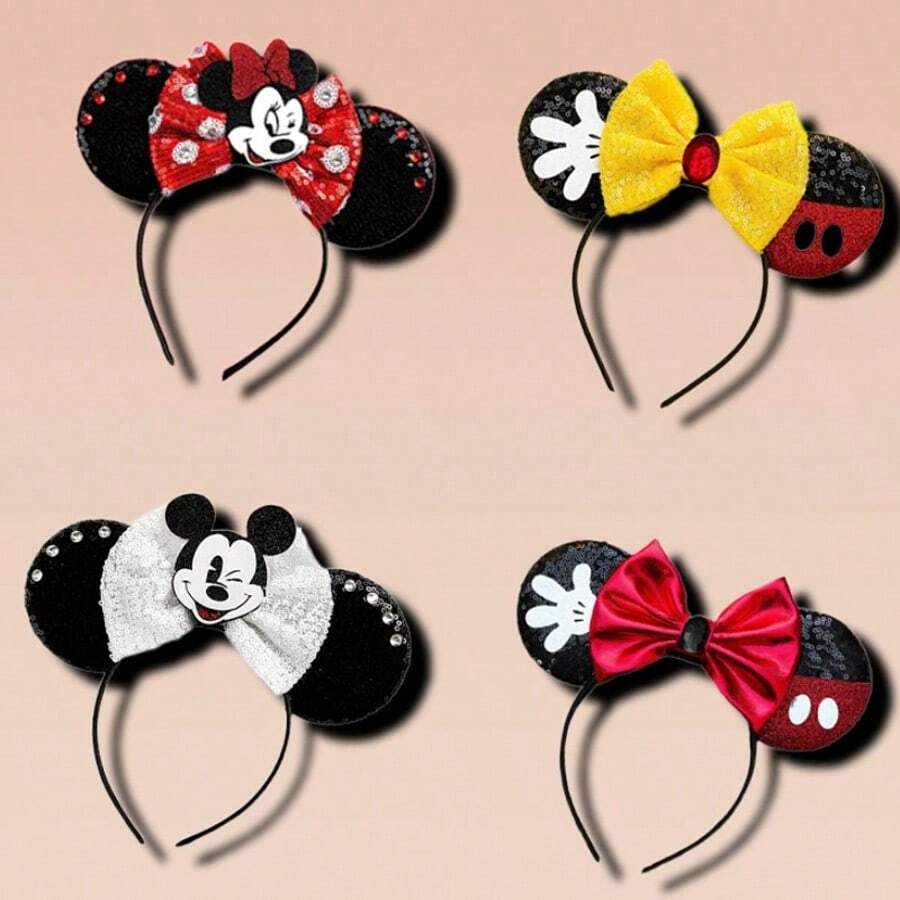 2pcs Disney Shiny Mickey Mouse Ear Headband With Storage Lanyard And White Sequin Bow - R - View 1