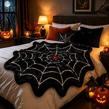 Spider Web Design Halloween Throw Pillow Blanket, Black Plush Soft Round Spider Web Blanket With Red Spider Pattern, Ultra Soft Comfortable Novelty Fluffy Blanket, Suitable For Bedroom, Sofa Bed Use, Gothic Halloween Home Decor Blanket - Multicolor - View 5