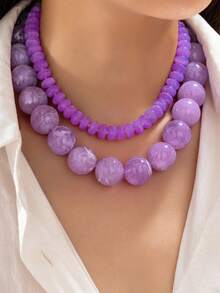 1/2pcs Blue Resin Bead Layered Necklace, Round Marble Bead Stackable Necklace, Layered Jewelry, Suitable For Women's Beach And Daily Wear - Multicolor - View 9