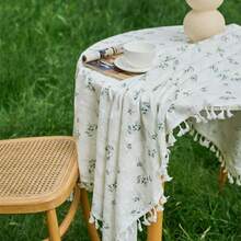 1pc Fresh Green Ditsy Floral Tassel Tablecloth, French Country White Fabric Round Table Cover, Picnic Tablecloth - Multicolor - View 8