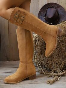 Plus Size Vintage Brown Chunky Heel Mid-Calf Riding Boots For Women Autumn/Winter - Brown - View 3