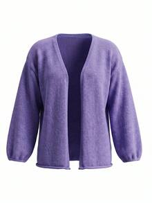Women's Loose Knit Cardigan Sweater Jacket, Solid Color Versatile Long Sleeve Top, Slouchy, Spring/Autumn Fall - Purple - View 6