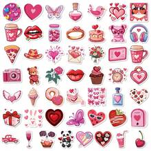 50 Peças Adesivos Decorativos de PP Vermelho para o Dia dos Namorados, Ilustrações Feitas à Mão de Corações, Caixas de Presente, Câmeras, Rosquinhas e Gatos, Para Colagem de Diário, Cartão Kuka, Garrafa de Água, Bagagem, Decoração DIY do Dia dos Namorados, Suprimentos Escolares, Volta às Aulas - Multicolorido - Visão 9