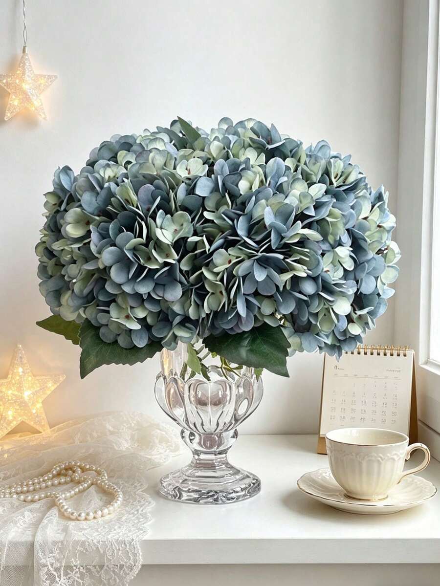 1/6 Pcs Artificial Hydrangea, Real-Looking Faux Flower, Perfect For Parties, Home, And Office Decoration. Ideal For Wedding Decor, Gifts, Holiday Decorations, Valentine's Day, And As Wedding Or Valentine's Day Accessories - Green - View 1