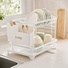 Senmeo 2-Tier Steel Dish Drying Rack, Includes 5 Rags + Built-In Drainboard And Hook Set, Rust-Proof & Sturdy, Space-Efficient For Kitchen/Countertop, Ideal Seasonal Storage Solution - Black (gift 5 Cleaning Cloths)) - View 6