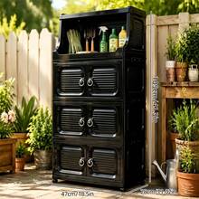 GOLDSNAKE 47 Cm / 18.5 Inch Wide Outdoor Cabinet With Open Storage Compartment On Top, Stackable Water-Resistant Garden Cabinet With Double Doors, Foldable Modular Storage Unit For Garden, Yard, Balcony And Garden Tools - Black - View 7