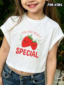 Girls' Summer Short-Sleeve T-Shirt, Fitted T-Shirt, Cotton Knit Fabric, Fashionable Street Styl,  Cute Strawberry Print - White - View 3