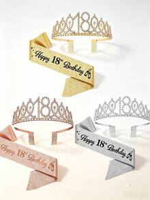 2件組 18歲生日披肩緞帶 生日女王皇冠頭飾 水鑽生日髮箍 生日披肩附別針 生日快樂皇冠與披肩緞帶 生日派對 - 18歲皇冠&肩帶 - 查看 2
