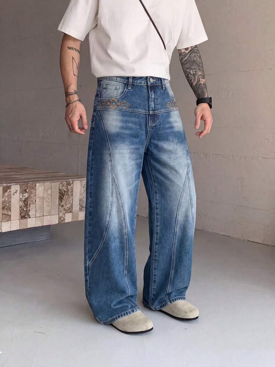 1pc Men's Loose Wide Leg Denim Jeans, Multi-Craft Design, Fashion Versatile, Suitable For All Seasons - Blue - View 1