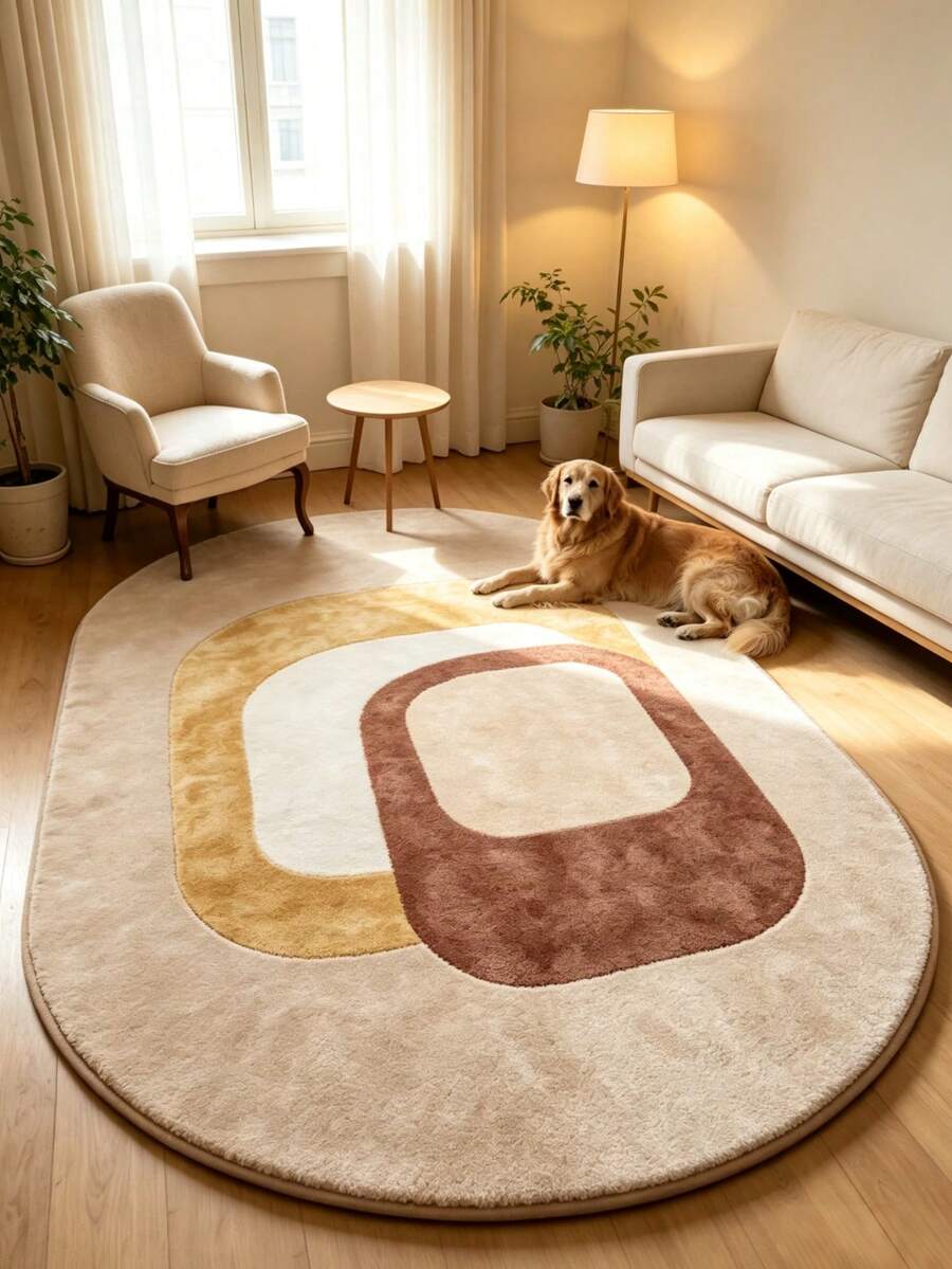 1pc Brown Colorblock Oval Rug, Thickened Natural Wood Style Decorative Carpet, Bedroom Decor, Home Decor - Multicolor - View 1