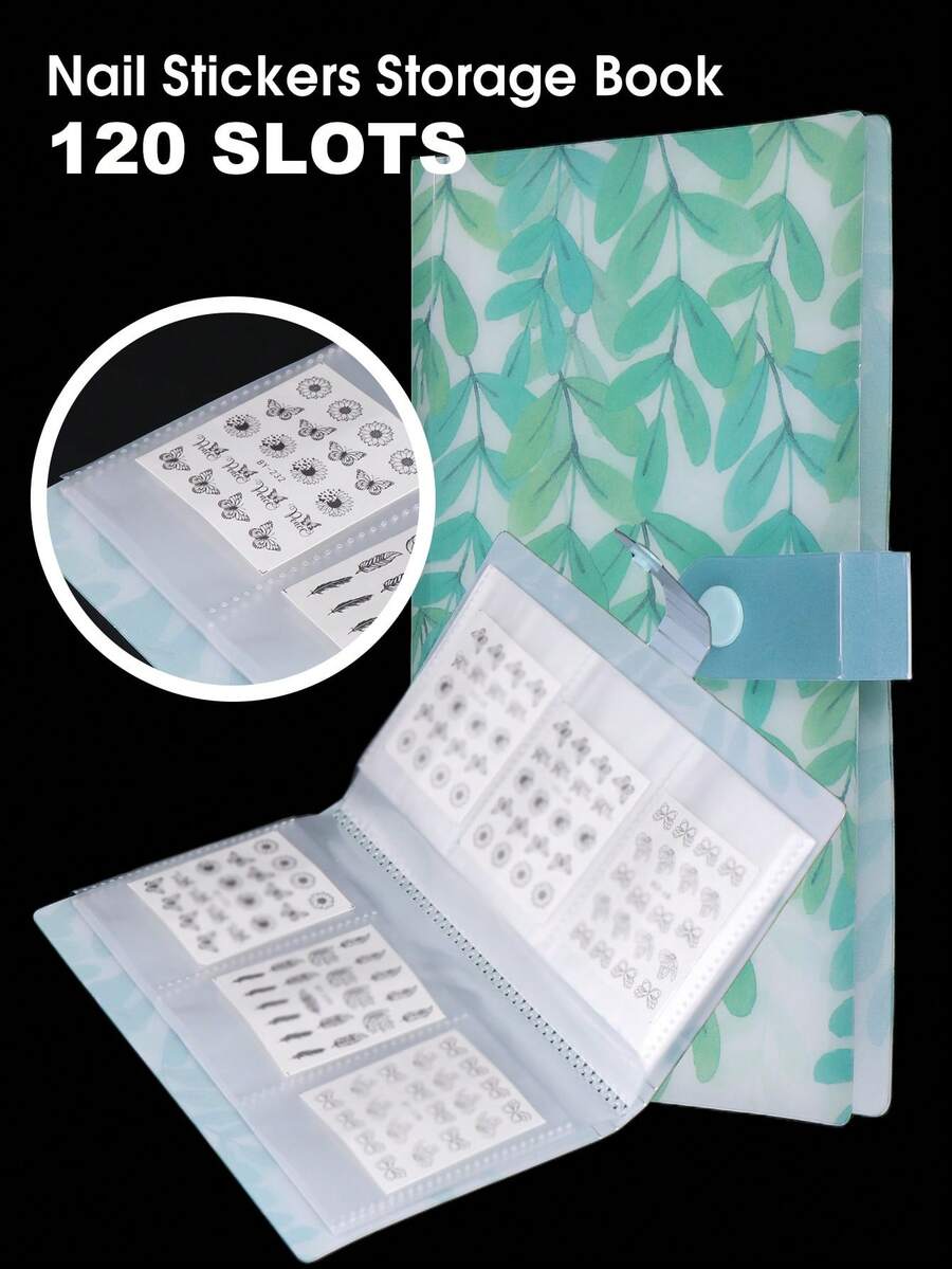 120 Slots Empty Nail Stickers Storage Book Green Leaves Cover Album ...