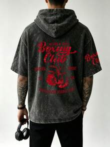 Vintage Washed Hooded Short Sleeve T-Shirt - Manchester Boxing Club Print Men's T-Shirt - Black - View 1