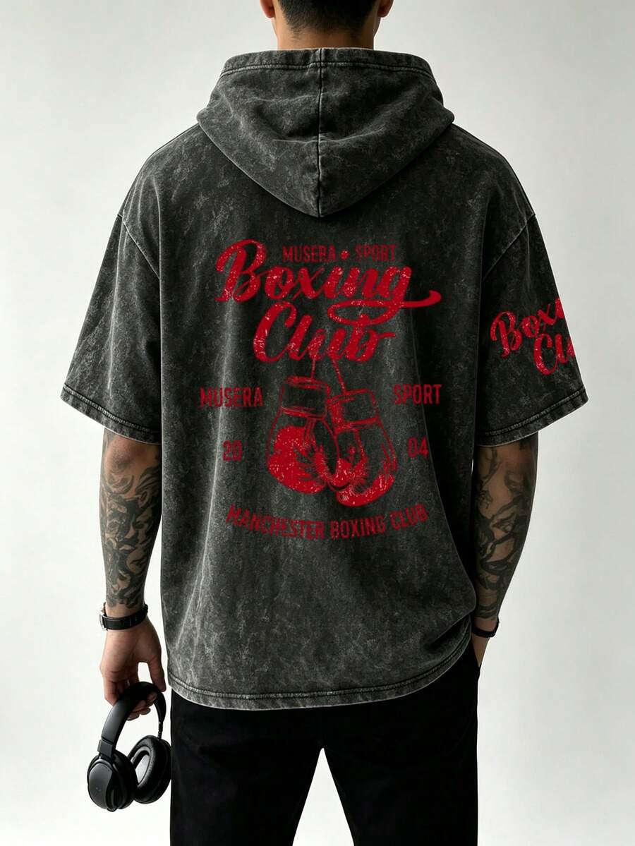 Vintage Washed Hooded Short Sleeve T-Shirt - Manchester Boxing Club Print Men's T-Shirt - Black - View 1