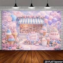 2d Plane Dream Dessert Shop Theme Background Cloth, Macaroon Style, With Lollipop Ice Cream Cake Flowers Balloon Cloud Design, Durable Polyester Material, No Power Supply. - 1 - View 5