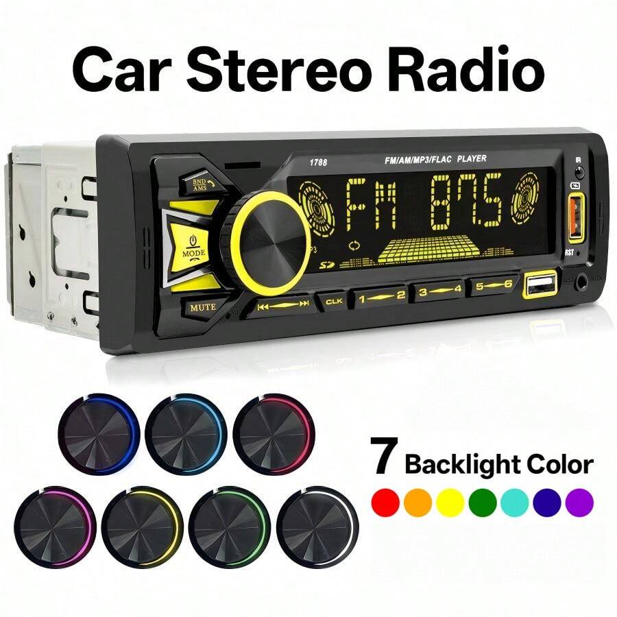 Enkel DIN bilradio med snabbladdning, USB/SD/Aux-in och 7-färgs bakgrundsbelyst LCD-display, lämplig för 12V bilar