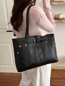 Solid Color Leather Belt Rivet Commuter Minimalist Design Large Capacity 2026 Summer New Tote Shoulder Underarm Bag For Women - Black - View 3
