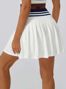Rok Tenis Wanita Putih Colorblock Pinggang Tinggi, Saku Terintegrasi dan Celana Pendek Musim Panas - Putih - View 2