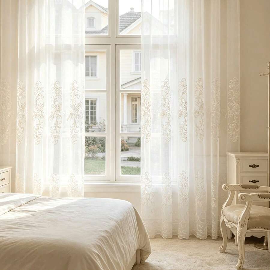 1pc Modern Nordic Embroidered White Sheer Curtain, Soft Decor For Children's Room And Nursery, Light-Filtering Sheer Curtain For Balcony, Living Room, Bedroom And Bay Window - Multicolor - View 1