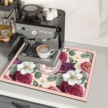 1pc Camellia Pattern Printed Diatomaceous Earth Kitchen Dish Drying Mat, Absorbent Dish Drying Pad, Coffee Machine Mat, Dishwashing Mat, Sink Mat, Kitchen Countertop Protector, Suitable For Cups, Plates, Tableware And Kitchen Decor - Multicolor - View 6