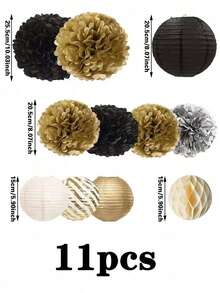 11pcs/33pcs Black & Gold Pom Pom Lantern Party Decorations - Black Gold - View 3