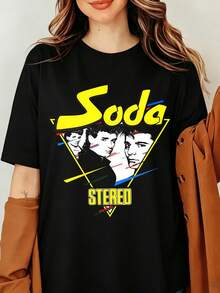 Soda Stereo Retro Triangle Portrait Graphic Oversized Cotton Unisex T-Shirt New Wave Synthpop Soft Cell Fan Casual Tee - 黑色 - 查看 1