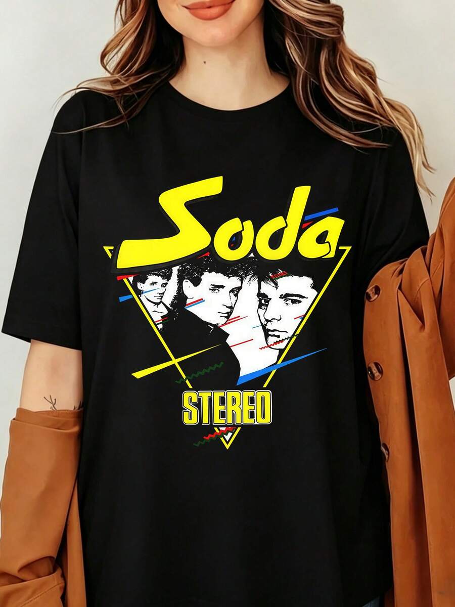 Soda Stereo Retro Triangle Portrait Graphic Oversized Cotton Unisex T-Shirt New Wave Synthpop Soft Cell Fan Casual Tee - 黑色 - 查看 1