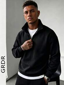 GRDR Men's Solid Color Long Sleeve Zip-Up Pullover Pullover Sweatshirt, Autumn/Winter - Black - View 6