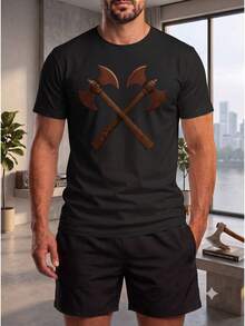 Kit Masculino Camiseta Estampa Machado Viking e Short Tactel Com Bolso Conjunto Casual Streetwear Academia Praia Verão Confortável - Preto - Visão 1