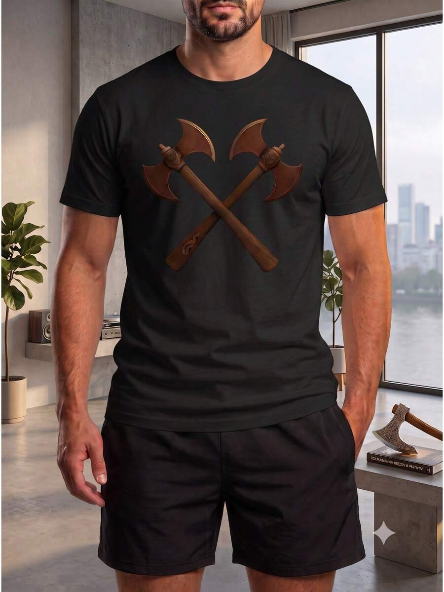 Kit Masculino Camiseta Estampa Machado Viking e Short Tactel Com Bolso Conjunto Casual Streetwear Academia Praia Verão Confortável - Preto - Visão 1