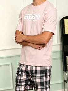 Men's WEEKEND Letter Print Short Sleeve Plaid Shorts Pajama Set, 2 Pieces Comfortable Loungewear Set - Multicolor - View 5