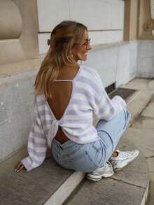 Women's Knitted Striped Long Sleeve Backless Pullover Sweater, Suitable For Autumn And Spring - Mauve Purple - View 5